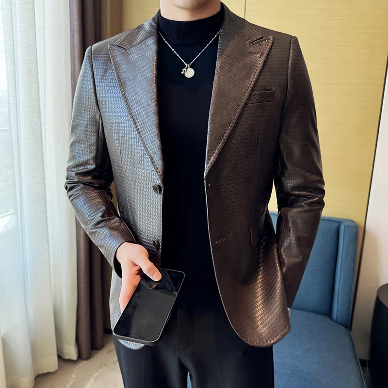 High-Grade Pu Shuai Leather Suit Men's 2024 New Plaid Outerwear Trendy Korean Sle Slim fit Business Casual Jacket