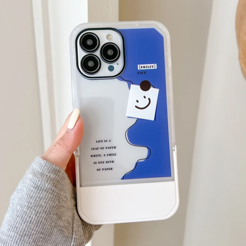

Cartoon Transparent Holder Stand Phone Case For iPhone 13 12 11 Pro X XR XS Max 7 8 Plus Invisible Bracket Smiley iPhone 11 Case