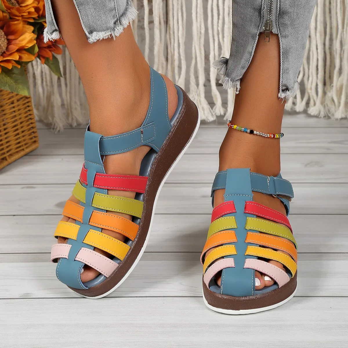 Colorful Strappy Sandals Woman Retro Wedge Gladiator Sandalias Ladies Summer Casual Platform Beach Shoes In Brown Blue