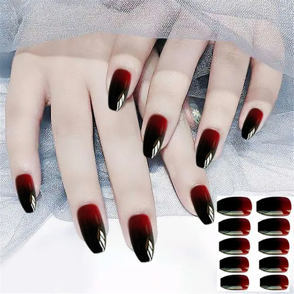 

Style Manicure Tips Full Cover Square Coffin Shape Black-Red Gradient Ballerina False Nails With Glue Nail Art Patch