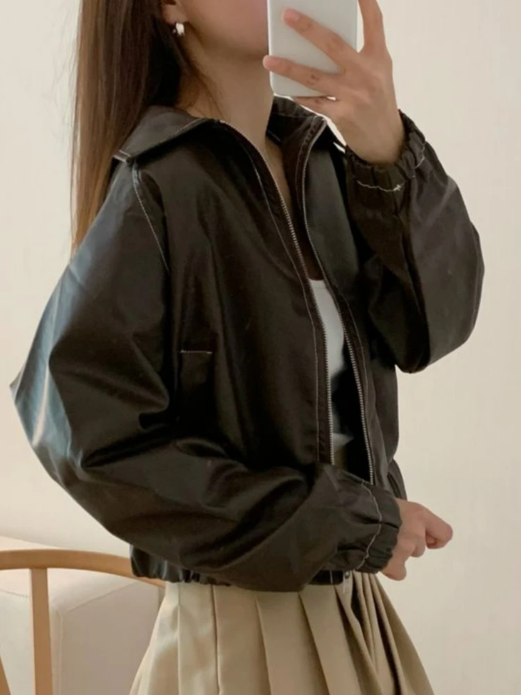 Cropped Moto Biker Zipper Leather Jackes Women 2022 Winter Black Loose Korean Fashion Jackets Ladies Outerwear Vintage Chic Coat