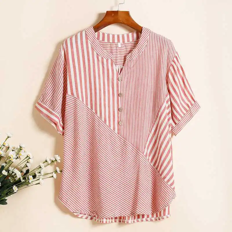 

Large size women's cardigan V-neck shirt 2021 summer new asymmetric striped stitching cotton and linen top