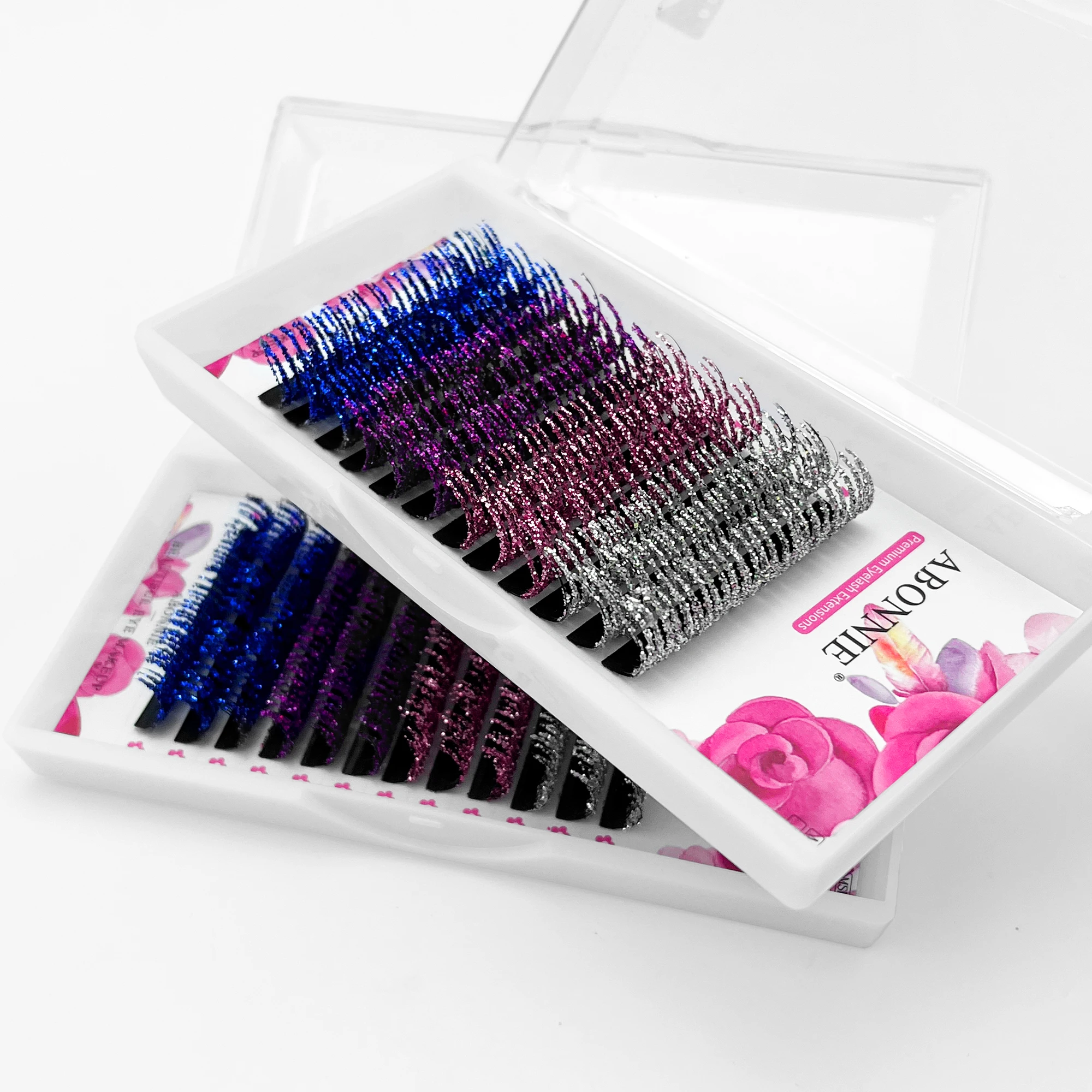 Фото Abonnie Glitter Colorful Eyelash Extensions 12-18mm Silver Pink Purple Blue Shine Color Eye Lashes Faux Mink Cilios №3