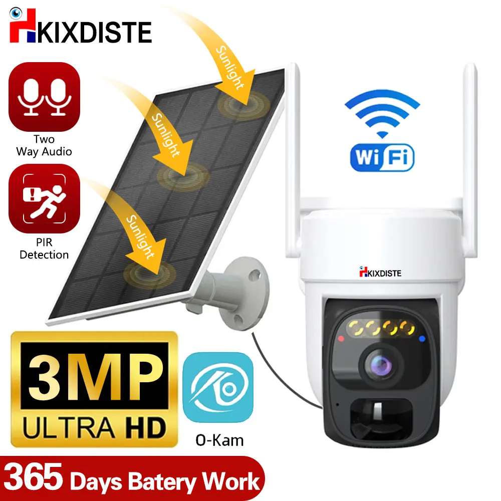 

3MP WIF Solar Panel Camera Rechargeable Battery PTZ Outdoor PIR Detection Two-Way Audio Surveillance Camera Cloud&SD Card Storag