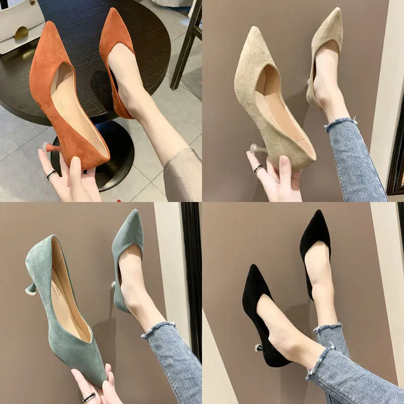 

Black Suede working women's shoes professional cat heel single shoes autumn