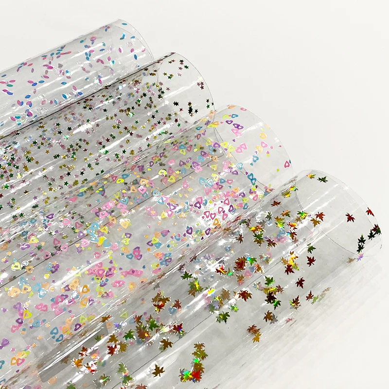 

20/50*120cm Transparent PVC Leather Sheets Star Heart Decorate Bow Fabric Jelly Glitter Crafts For Bags DIY Synthetic Leather