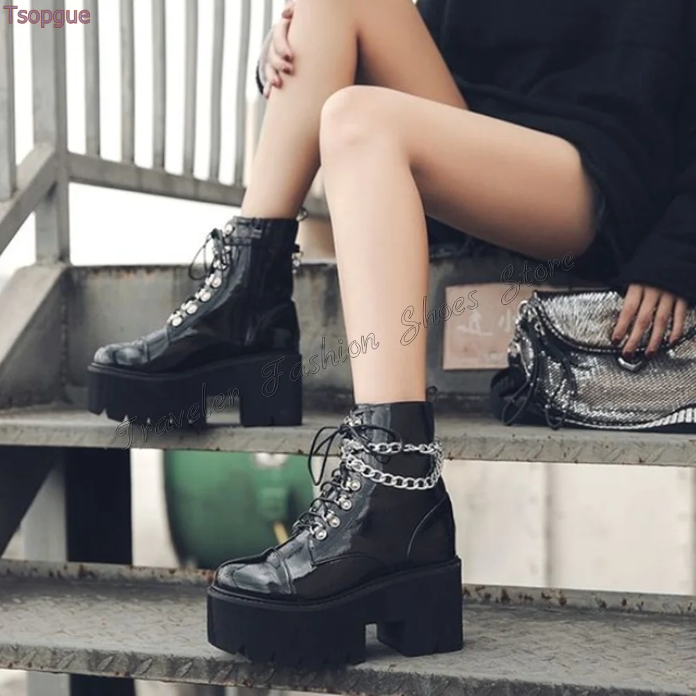 Женские ботинки из лакированной кожи черные на высоком каблуке шнуровке с