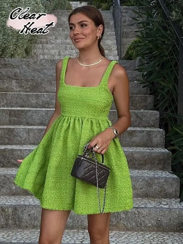 

Solid Wrap Waist Ball Gown Mini Dress For Women Sexy Squar Collar Sleeveless Backless Short Robe Fashhion Elegant Party Vestidos