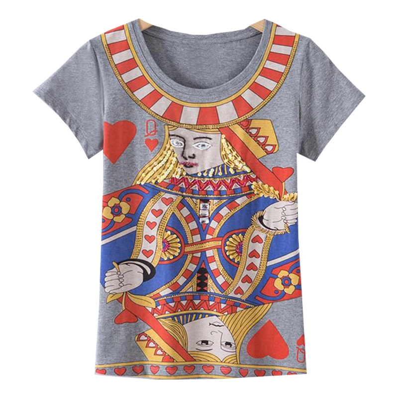 

Женская футболка ручной работы, простая облегающая футболка с коротким рукавом и круглым вырезом, украшенная бисером, с узором в виде карт, ...