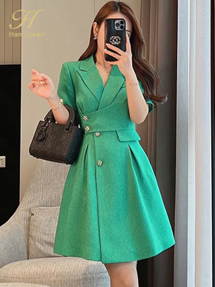 Han Queen Hot sale 2022 summer elegant party dresses new suit collar slim green button short sleeve fashion professional dress | Женская