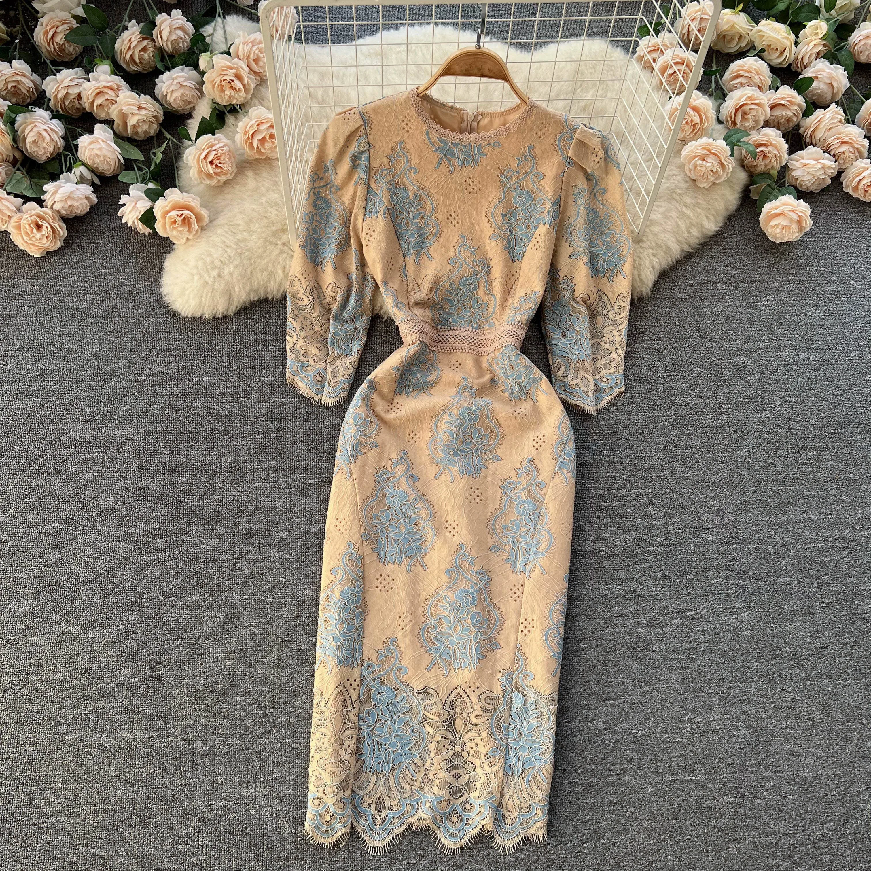 

New Korean style celebrity temperament lace V-neck medium length Lace Sexy Hip Wrap slim fashion Dresses