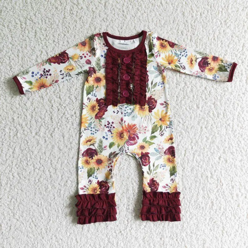 

floral printed button ruffle design long sleeve autumn winter girls romper 100% cotton high quality toddler girl clothes