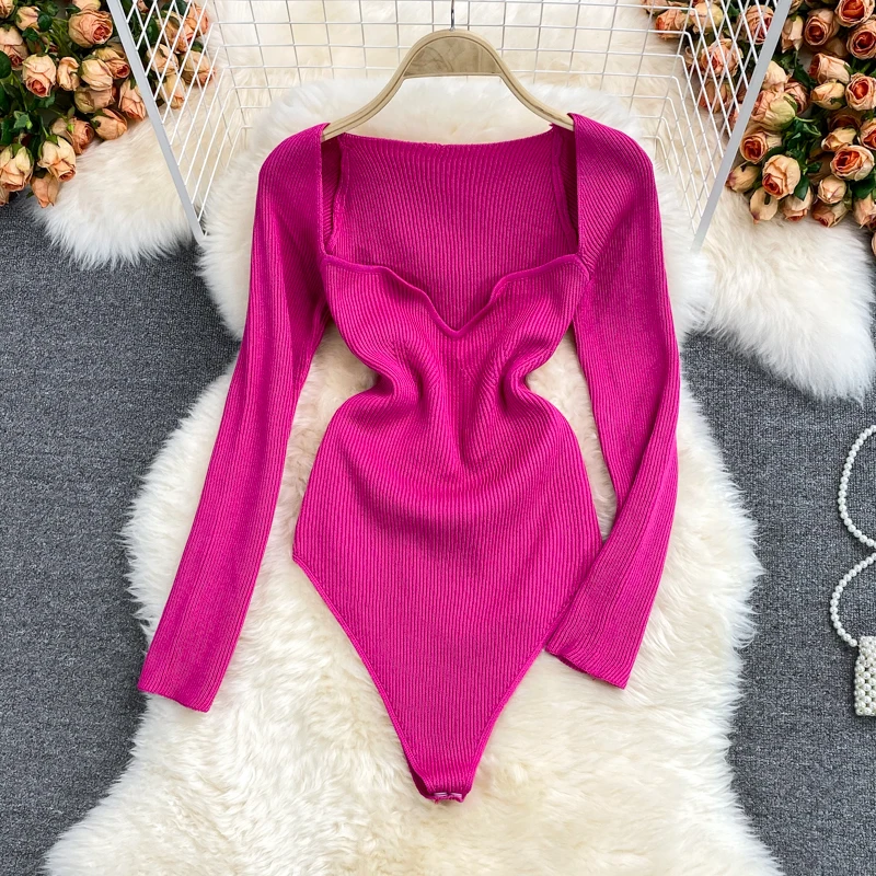 

European and American Style Women's Square Neck Tight White Knit One Piece Top Slim Fitting Long Sleeved T-shirt