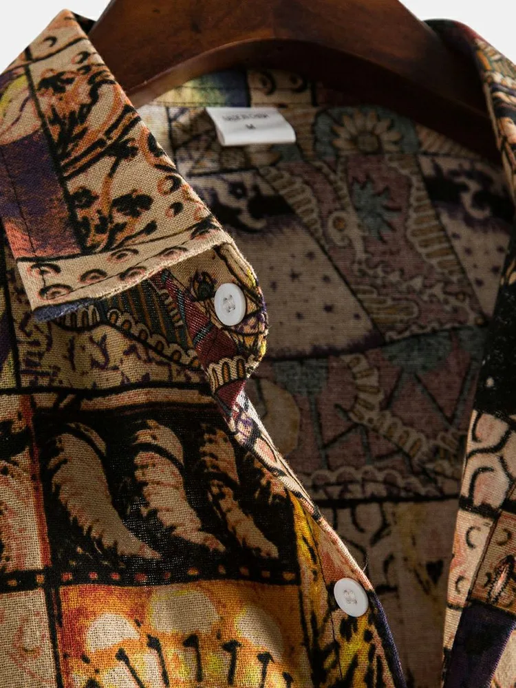 2022 Mens Short Sleeve T-Shirts Ethnic Style Tribal Print Lapel Button Short Sleeve Shirt