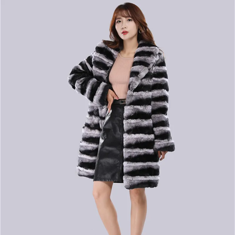 New Winter Real Rex Rabbit Fur Women's Overcoat Chinchilla Color Full Sleeve Rabbit Fur Long Women Jackets