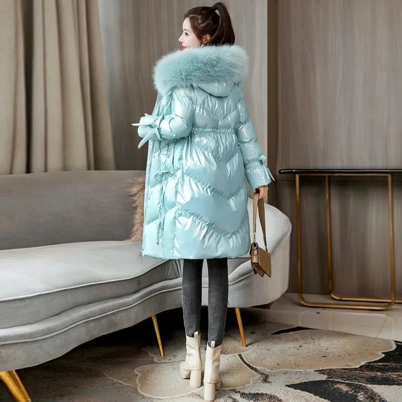 Parkas Women 2022 Winter New Fashion Shiny Wash-free Padded Coat Female Casual Thick Long Hooded Fur collar Down Cotton Jacket