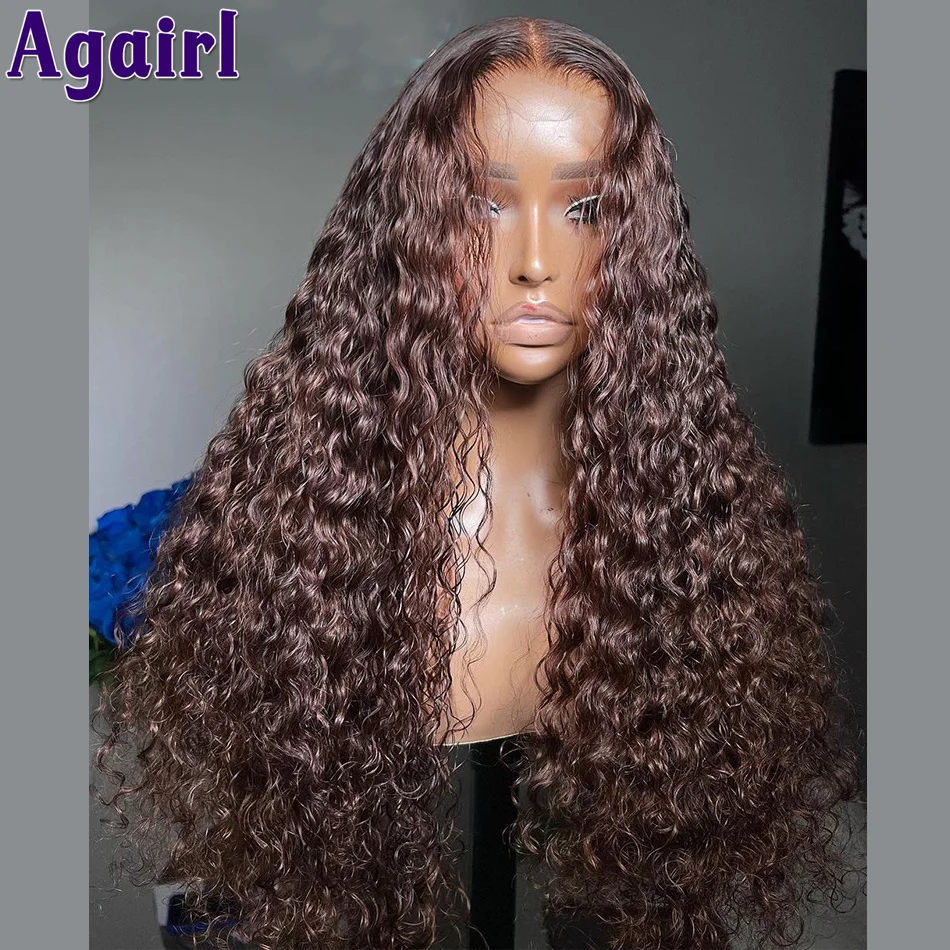 Chocolate Brown 13x6 Lace Frontal Wig Deep Wave Lace Front Wig Dark Brown Water Wave 5X5 Lace Closure Human Hair Wigs For Women
