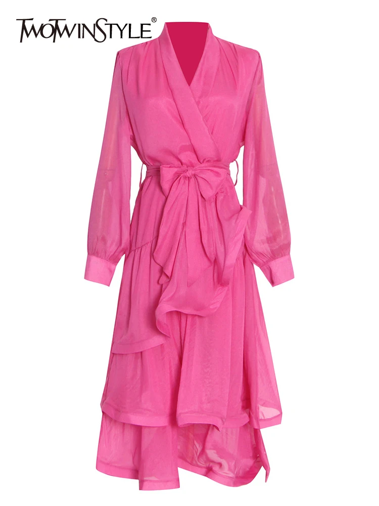 

TWOTWINSTYLE Pink Midi Dress For Women V Neck Long Sleeve High Waist Layered Ruffle Hem Ruched Solid Dresses Female Spring 2022