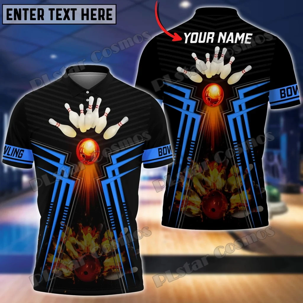 Blue Bowling Ball And Pins Flame Pattern Customized Name 3D Printed Men's Polo Shirt Summer Street Unisex Casual Polo shirt WK96