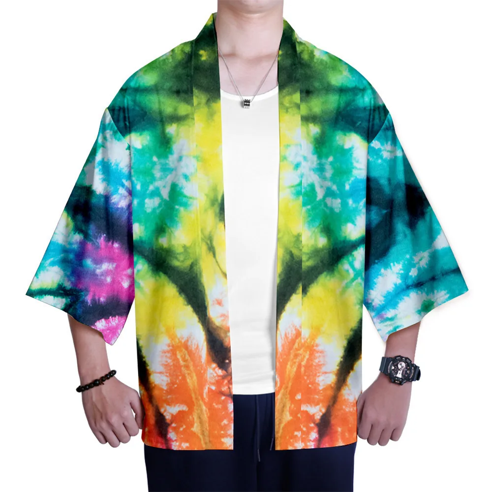 Tie Dye Summer Teenager Men Kimono Robe Half Sleeve Rayon Home Bathrobe Casual Loose Large Size 3XL Thin Cardigan Shirts