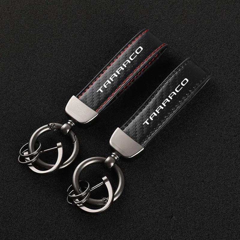 

Carbon Fiber Leather Keychain Car Logo Custom Key Ring With Horseshoe Buckle For SEAT Tarraco Styling Accessories