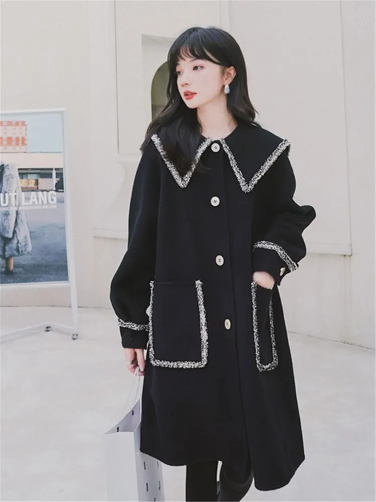 

Vintage Elegant Black Woolen Jacket Outerwear 2022 Autumn Winter Women Sailor Collar Preppy Style Loose Long Trench Coat 8017