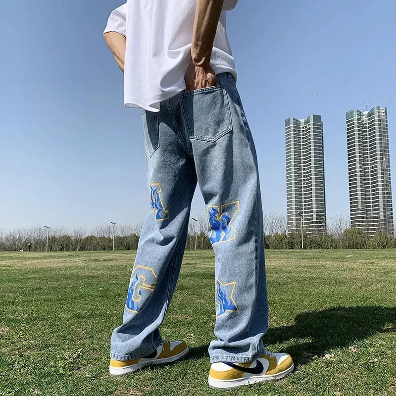 American Retro High Street Hip Hop Print Letter Pants For Men Women Loose Tube Floor Dragging Wide Leg Straight Casual Trousers