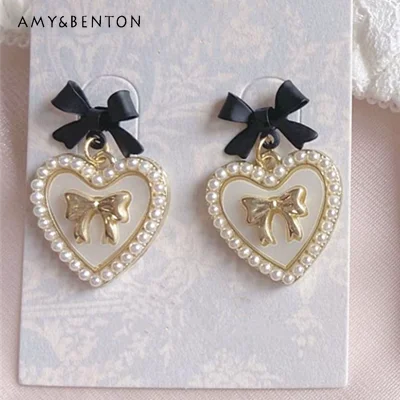 

Japanese Black Bow Pearl Big Heart Knot Stud Earrings 925 Silver Needle Ribbon Earrings Sweet Simple Female Ear Rings for Women