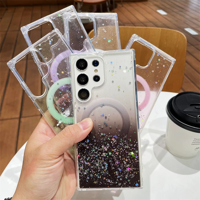

Блестящий Звездный Magsafe беспроводной зарядный Прозрачный чехол для Samsung Galaxy S23 Ultra S22 Plus Мягкий Силиконовый противоударный чехол из ТПУ