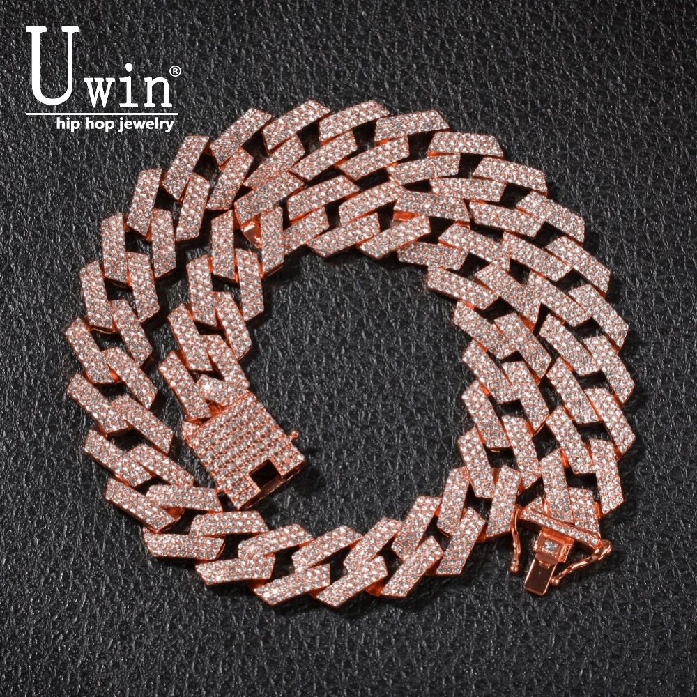 

Uwin 20mm Cuban Link Rhinestone Necklace Chain 3 Row Prong Full Bling Punk Bling Bling Charm Hiphop Jewelry