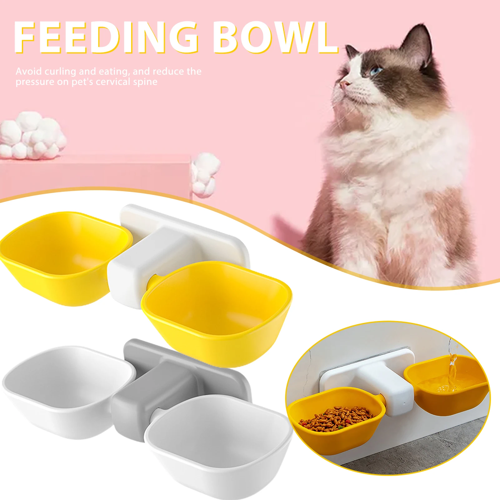 

2-in-1cat Bowl Wall-mounted Water Food Feeder Pet Neck Guard Feeding Accessories Removable Elevated Pet Cat Food Bowl Punch-free