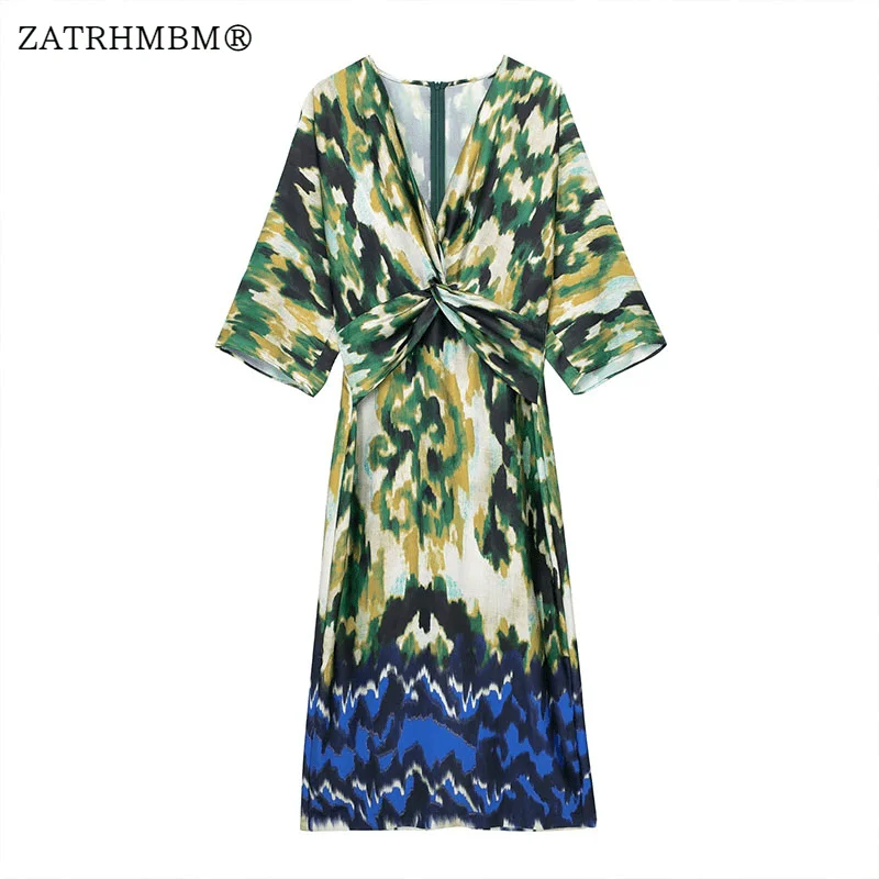 

ZATRHMBM 2023 летнее модное женское платье миди с принтом винтажные элегантные женские платья с V-образным вырезом на молнии Vestidos Mujer