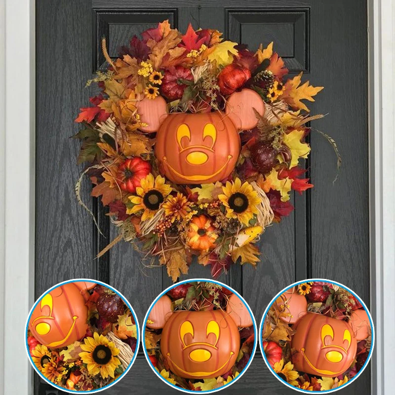 

2022 Fall Pumpkin Wreath for Front Door with Pumpkins Artificial Maples Sunflower Autumns Harvest Holiday Halloween Decoration