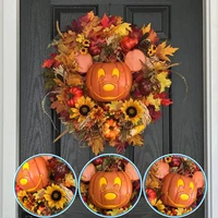 2022 Fall Pumpkin Wreath for Front Door with Pumpkins Artificial Maples Sunflower Autumns Harvest Holiday Halloween Decoration