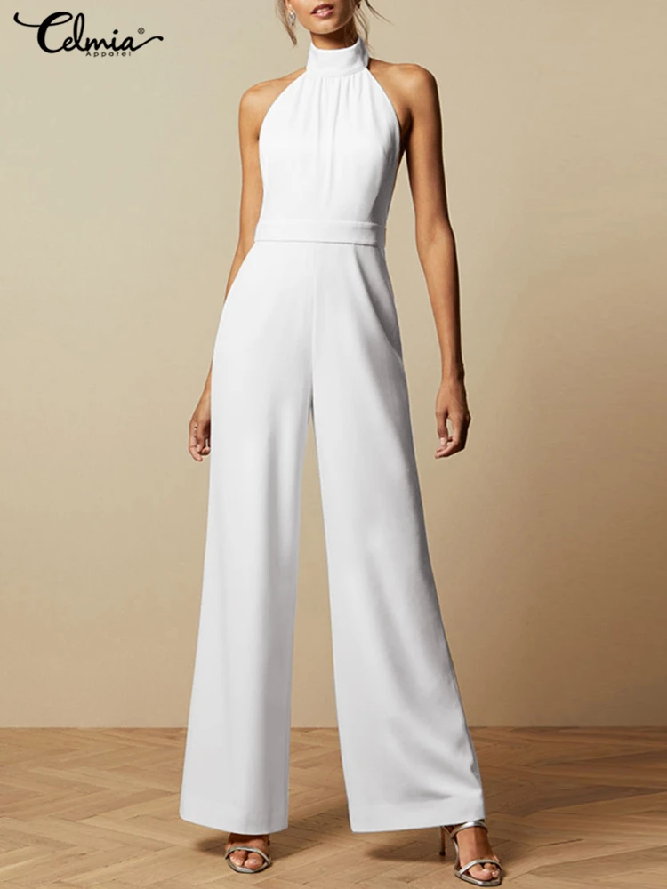 

Celmia Elegant Office Lady Wide Leg Pants Overalls Casual Sleeveless Halter Women Jumpsuits 2022 Summer Backless Long Rompers