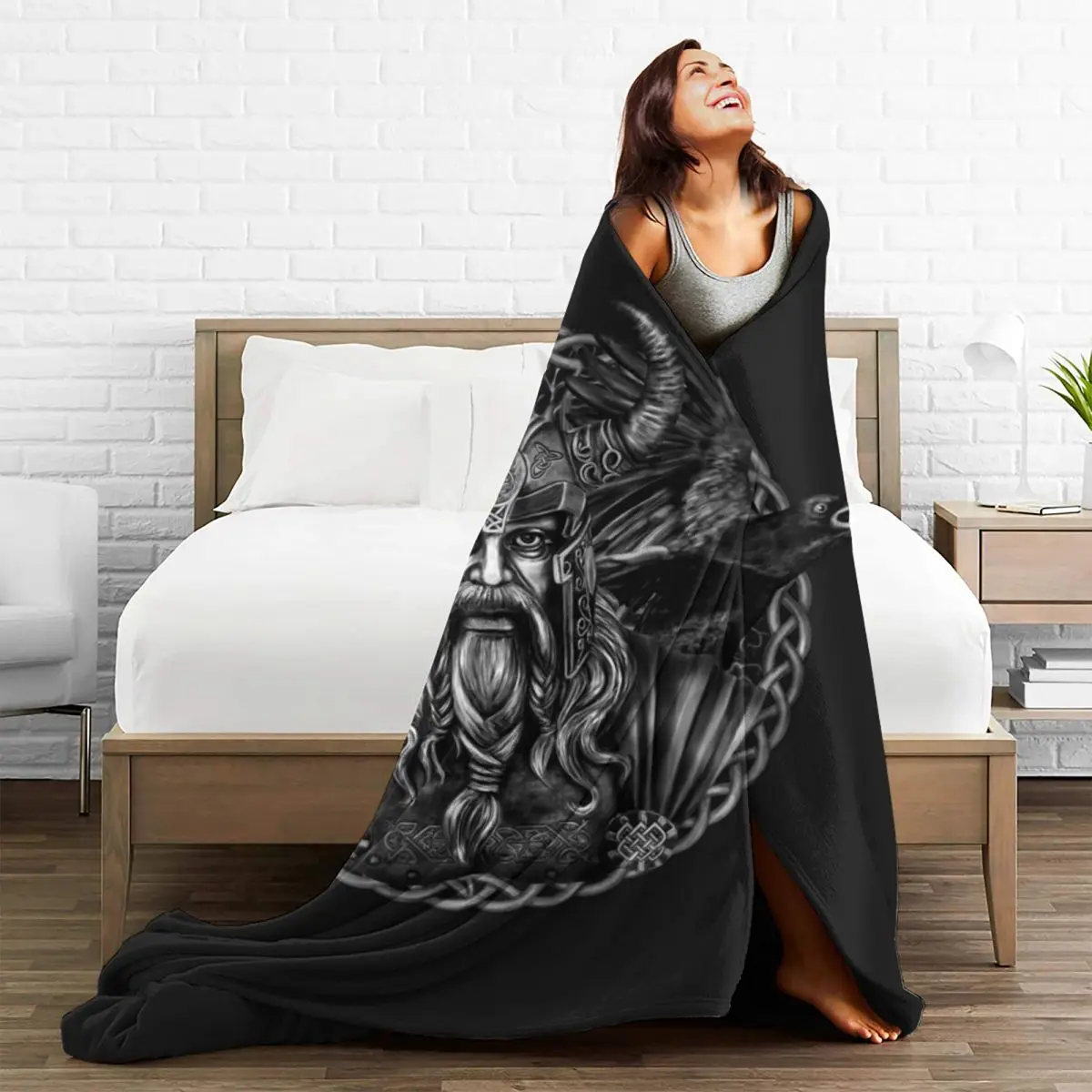 ł na sofę Norse God Odin Flanelowy koc Ravens Huginn i Muninn Super ciepły piknikowy łóżko z nadrukiem