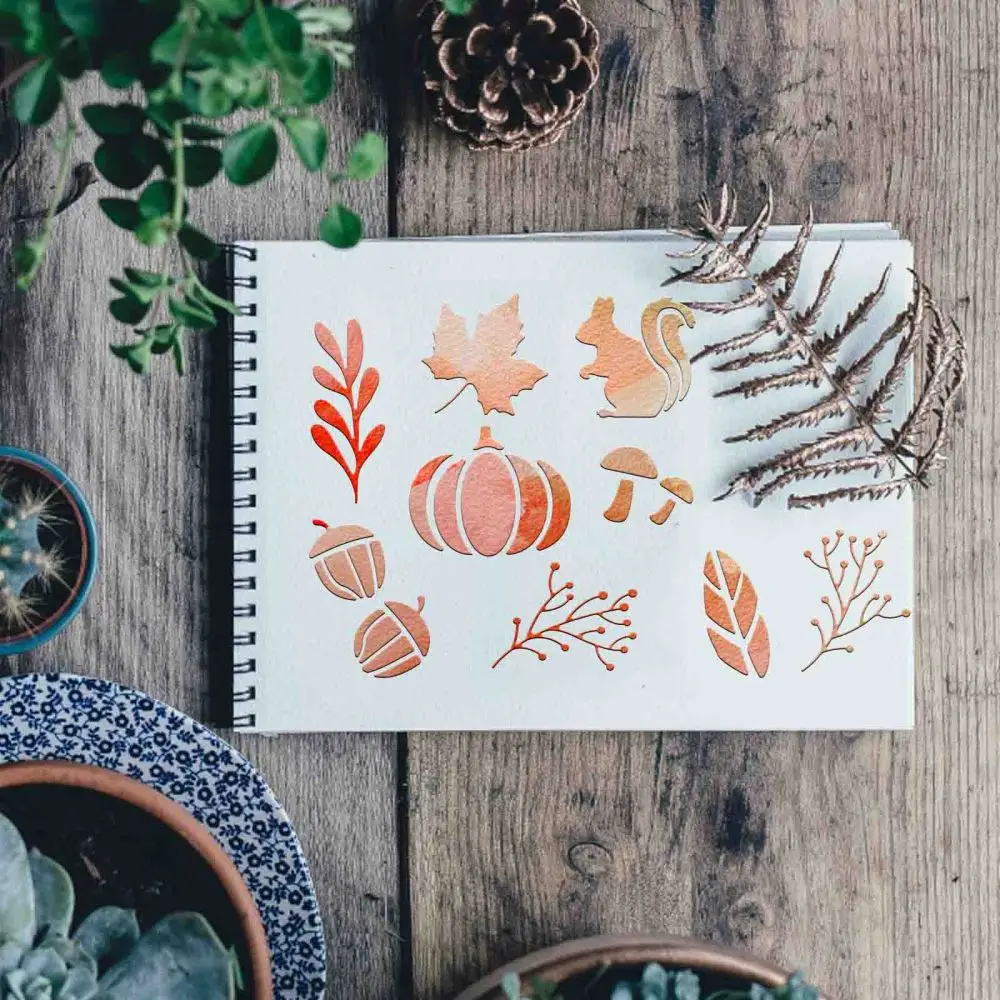 Autumn Creative Hollow Out Metal Stencils Maple Leaves Pumpkins Mushrooms Foxes Stencils for DIY Engraving Painting Scrapbooking