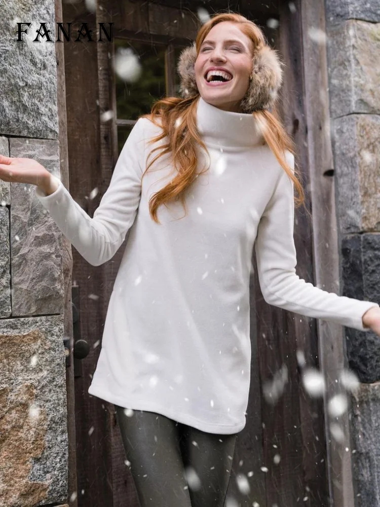 

Turtleneck Pullover Women Elegant Polar Fleece Solid Tops Winter Casual Long Sleeve Warm Basic Tees Fashion Pocket Sweatshirts