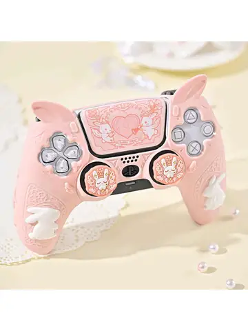 Розовый силиконовый чехол для Sony Dualsense 5 Caysolle Cute Bunny