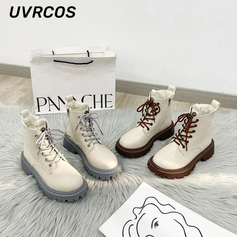 Thick-soled Single Boots Short Women British Style Fleece Fashion Lace-up Solid Color Low-heeled Short-tube New