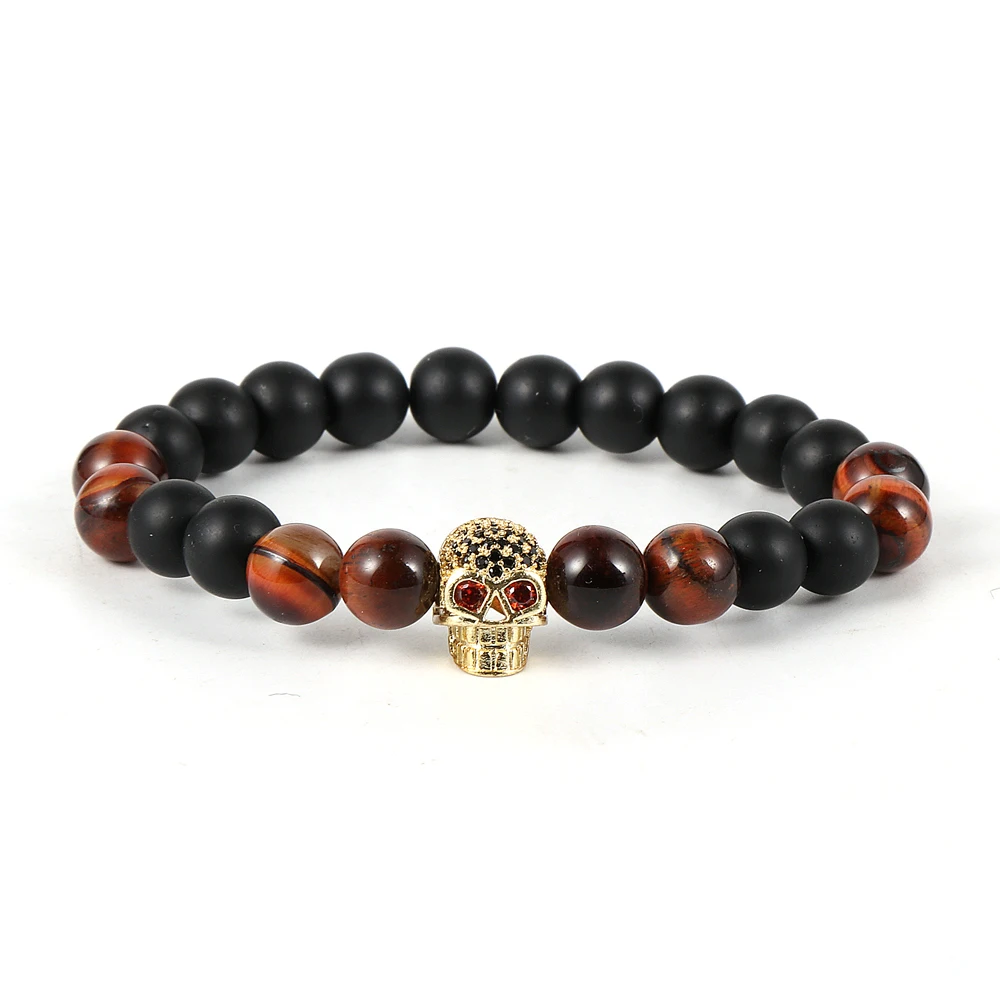 

Trendy Brass Skull Charm Matte Natural Stone Men Bracelet Tiger Eye Lapis Lazuli Bead Elastic Handmade Bangles Kpop Accessories