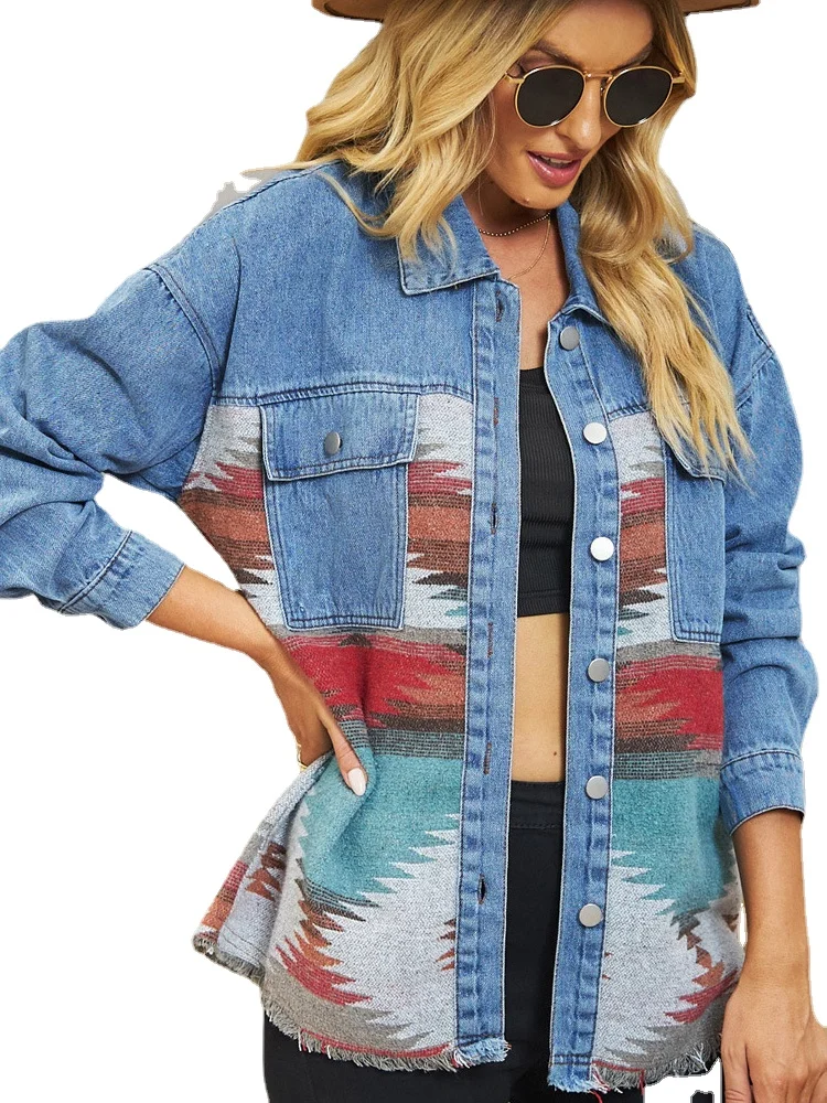

Womens Long Sleeve Geometric Denim Lapel Button Pocket Jacket