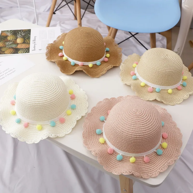 

Kids Girls Large Wide Brim Straw Woven Sun Protection Beach Hat Colorful Pompom Ball Summer Floppy Bucket Cap Portable Handbag