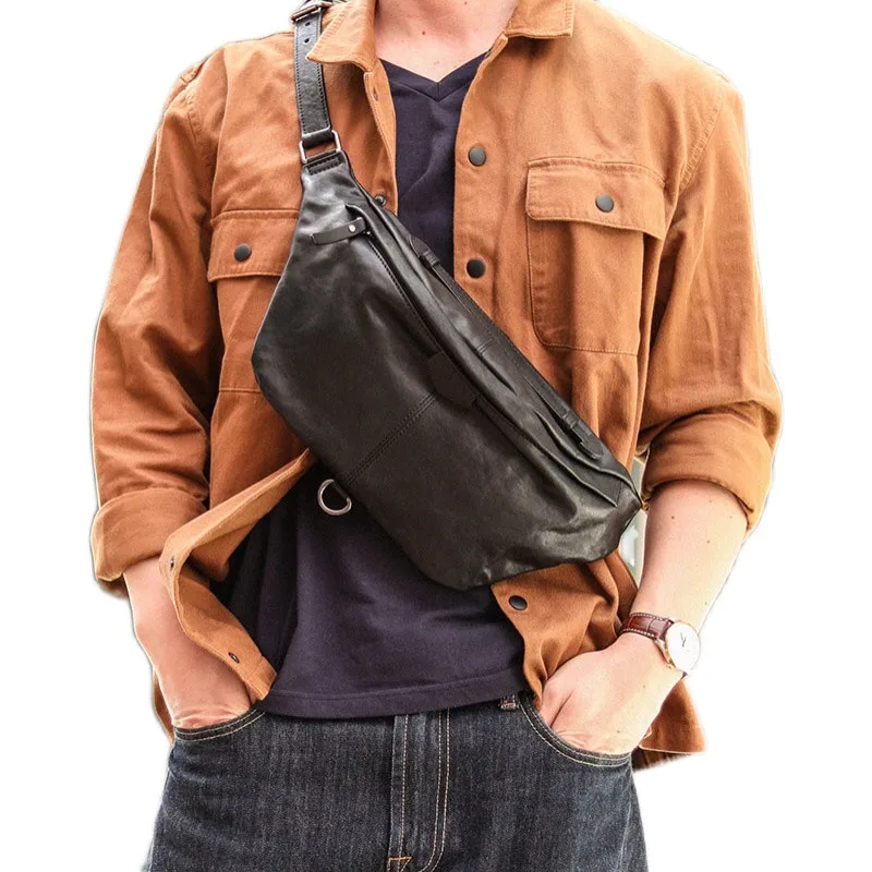 Simple casual luxury natural real leather men large-capacity black chest bag outdoor daily retro soft cowhide teenager waist bag