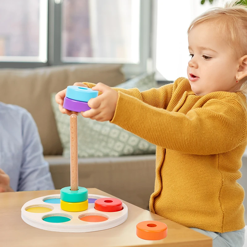 

Montessori Toys Rainbow Stacking Ring Tower Board Baby Early Educational Teaching Aids Wood Toddler Baby Toy for Children Colors