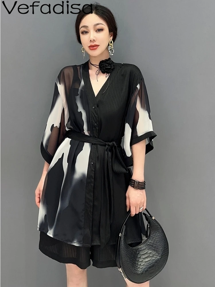 

Vefadisa 2023 Summer New Women Loose Splice Sun Protection Shirt Casual Personalized Trendy Girl Gauze Black Top Shirt ZY1580