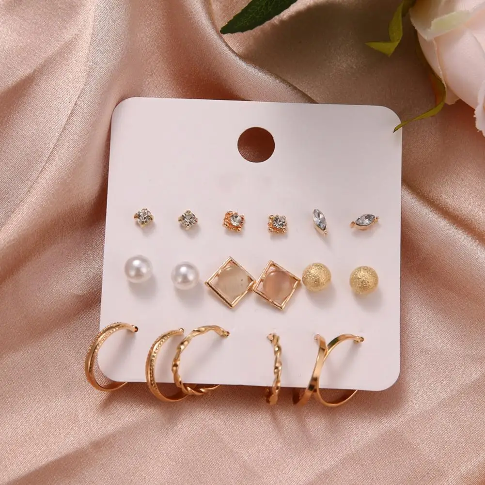 

9 Pairs Fashion Earring Ornament Ear Stud Geometrical Faux Pearl Round Circle Women Earring All-match