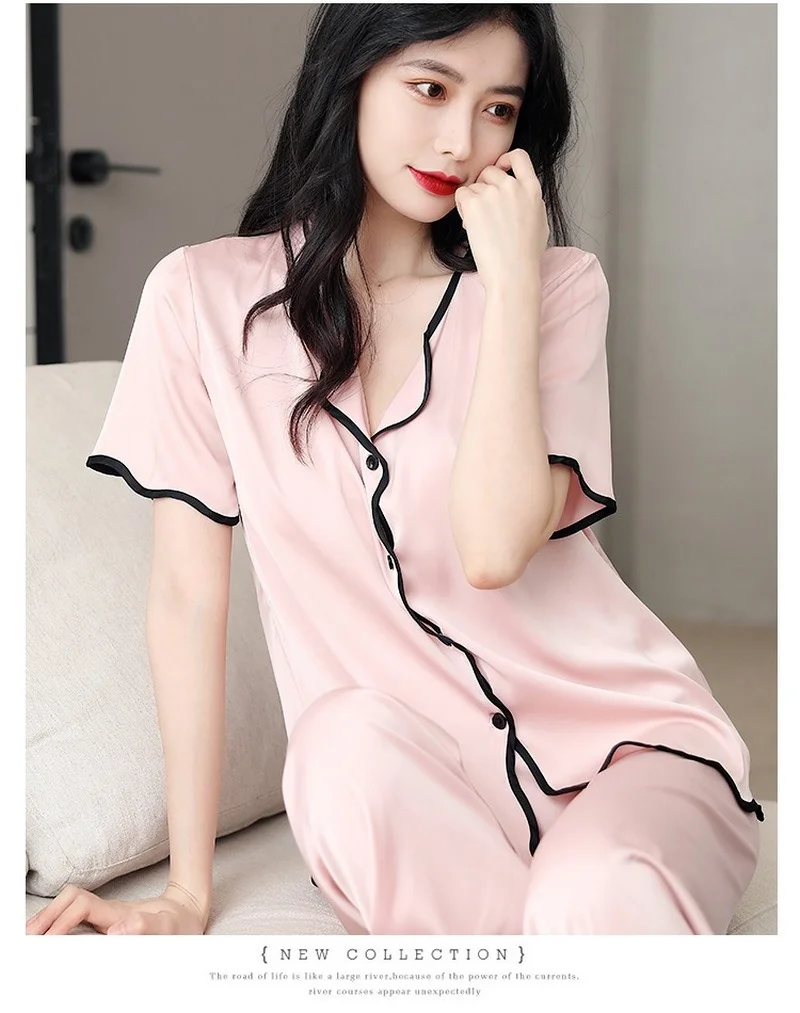 Pajamas Women's Suits Short-Sleeved Trousers Large Size Loose Ruffles Ice Silk Pajamas for Women Set Leisure Home Clothes
