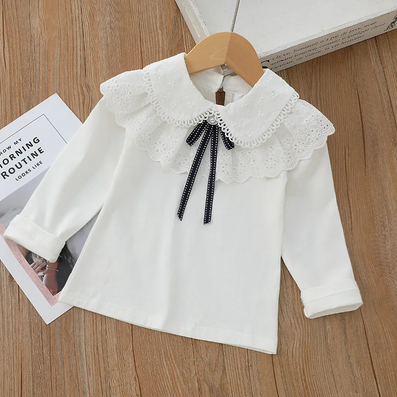 

Girls White T-shirt Top Autumn Children's Lapel Shirt Middle and Big Girls Standing Collar Lace Long-sleeved Bottom Shirt