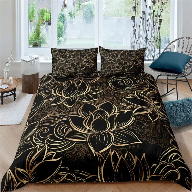 

Gold Wolf Duvet Cover Bohemia Mandala Black Bedding Set King Full Cover With Pillowcases